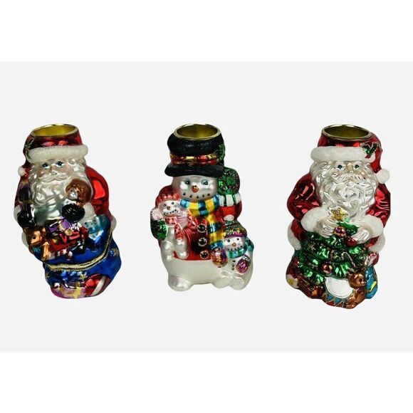 Traditions Blown Glass Christmas Tea Light Candle Holder Set of 3 Santa Snowman - Picture 1 of 12